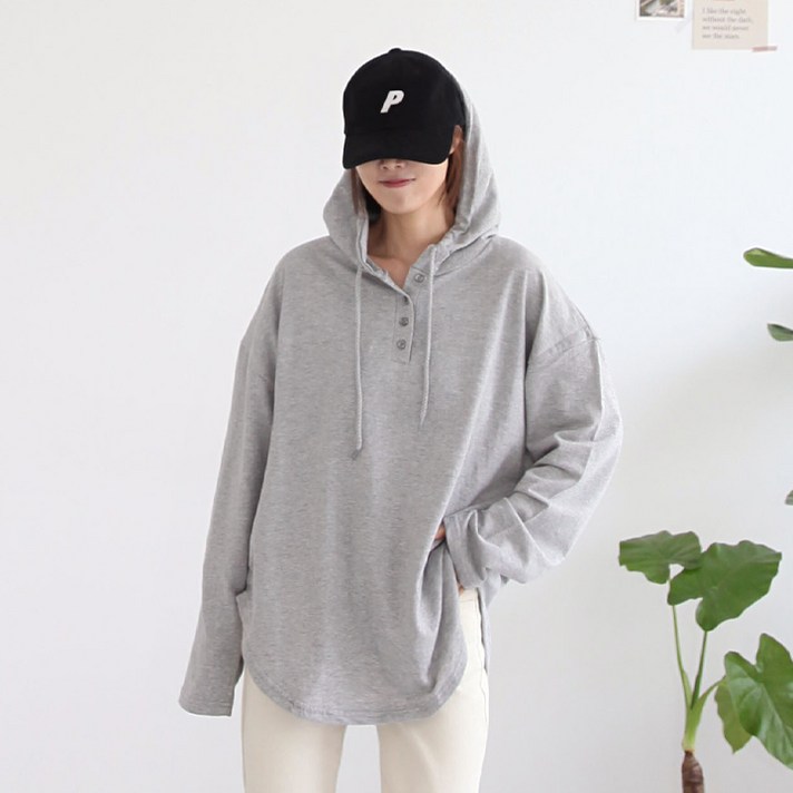 
                                                        애플망고샵 여성단추후드 라운드 티셔츠 루즈핏 캐주얼 롱티셔츠
                                                    