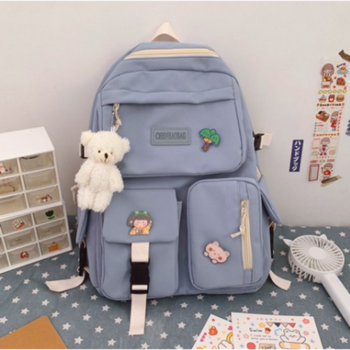 학색백 743호 중학생 책가방 여한복 대용량 고등학교 대학생 펩타이드계 소녀 백팩Z, 블 루 [곰 돌 이 선물 + 귀여운 배지]