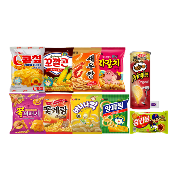 과자10종세트 꼬깔콘+홈런볼+새우깡+콘칲+꽃게랑+꿀꽈배기+자갈치+바나나킥+양파링+프링글스오리지널+그레잇물티슈(10매), 과자10종류+그레잇물티슈