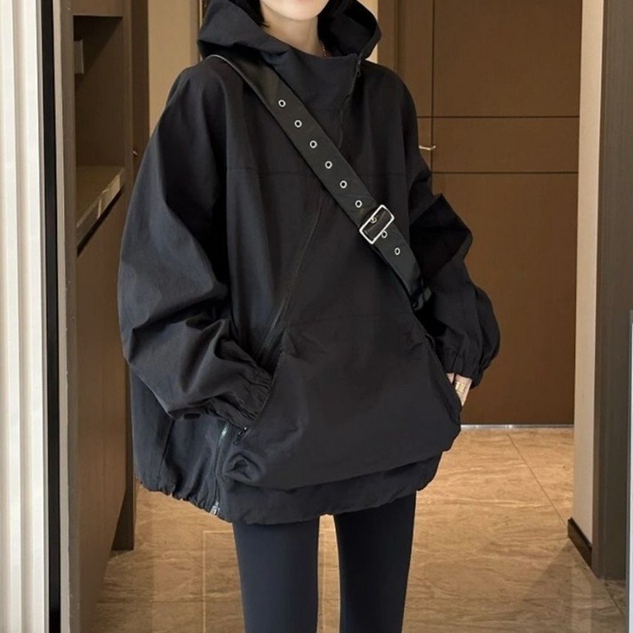 신상 코디 스타일리쉬 루즈핏 바람막이 여 사선 지퍼 마이너 후드 점퍼 여성코트 데님 자켓 봄 가을 긴팔 코디