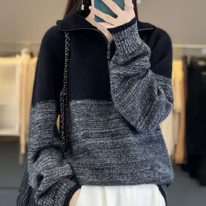 스타일아유 양모100 여성 가을겨울 하프집업 배색 포인트 베이직 통근용 따뜻한 심플 캐주얼니트 KN2220