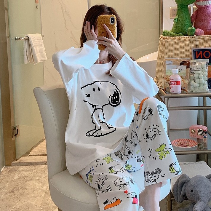 수유복 산후조리복 여름얇은스타일 분만후 순면 오버사이즈 통기성 땀흡수 6월 7월분 수유 임산부 여름, 화이트 화이트 스누피g, Lml