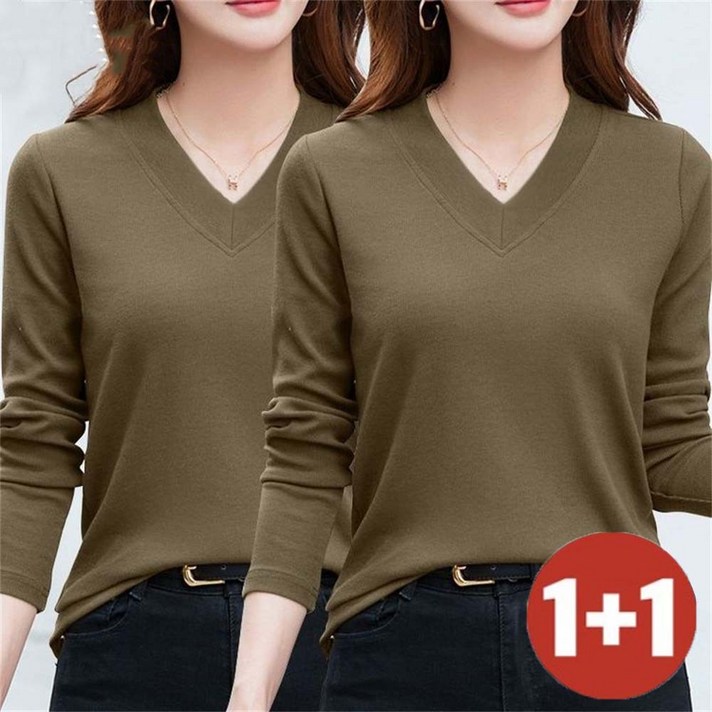 besteffie 11 여성용 빅사이즈 긴팔 V넥 티셔츠 편안한 캐주얼 스판좋은 이너티