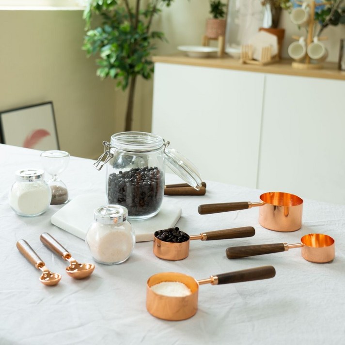 미즈앙플라스 스텐 계량스푼 로즈골드 계량스푼 우드핸들 나무목 계량스푼 이유식 커피 계량스푼 계량컵 1T 20g 15g 5g 3g 1g 60ml 80ml 125ml 250ml, 로즈골드 계량컵 4종, 1개