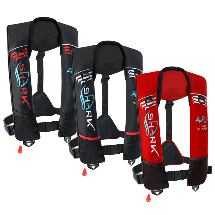 SHARK Co2 자동팽창식 구명조끼 KC 수분감지 책임보험 가입 방수코팅 FREE 사이즈 수상 레저, 블랙(레드)