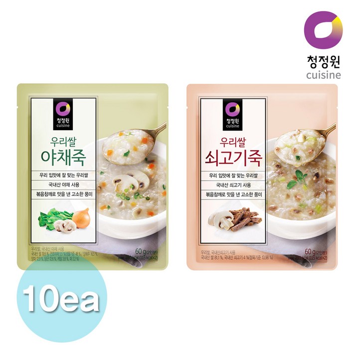 청정원우리쌀 야채죽60gx5봉+쇠고기죽60gx5봉, 단품