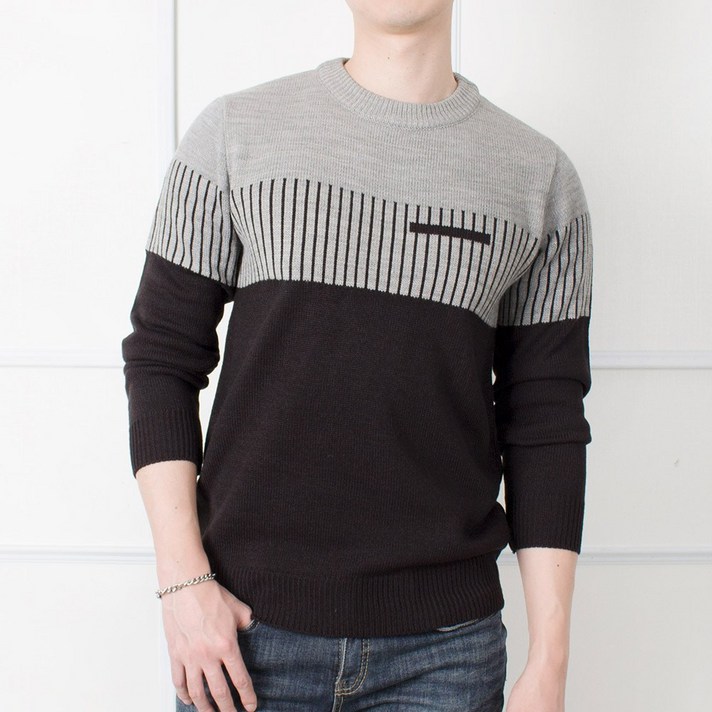 아도미스 남자 니트 세로 스트라이프 라운드 스웨터