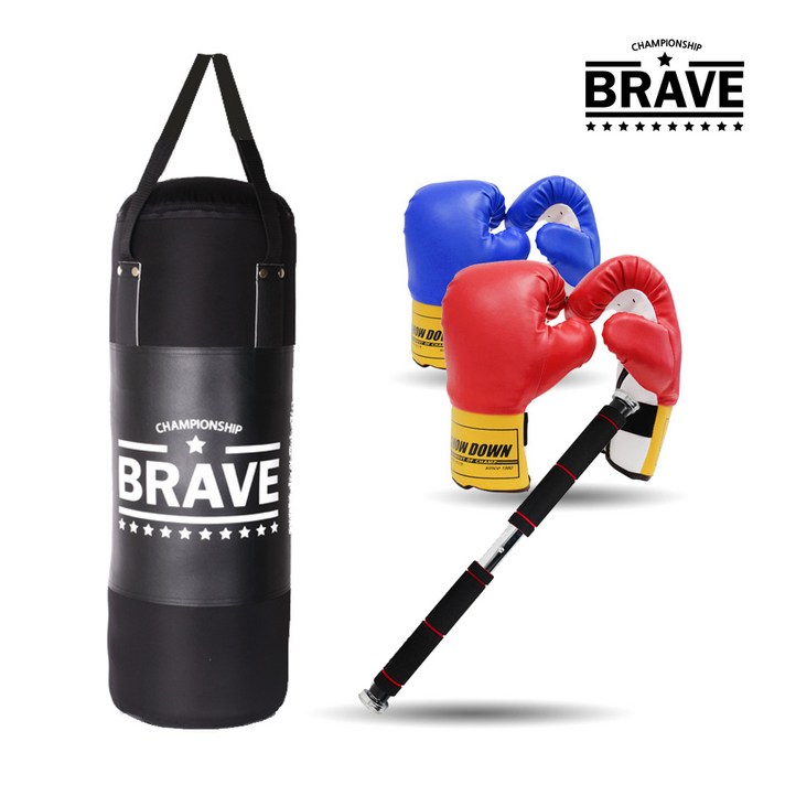 브레이브 샌드백 블랙에디션 80cm A세트 속빵빵, 샌드백빵빵+철봉+복싱글러브블루XL