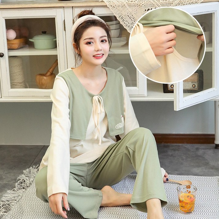 수유복 산후조리복 여름얇은스타일 분만후 순면 오버사이즈 통기성 땀흡수 6월 7월분 수유 임산부 여름, 밝은 초록색 나비 곰g, 2XLml