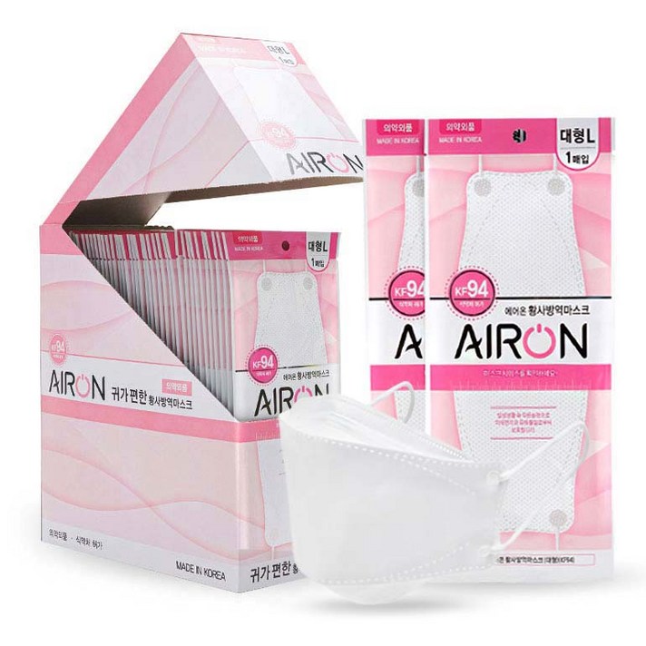 [모든원자재100% 국산마스크] 약국판매용 무형광 에어온 마스크 KF94 대형, 에어온KF94 마스크- 100매