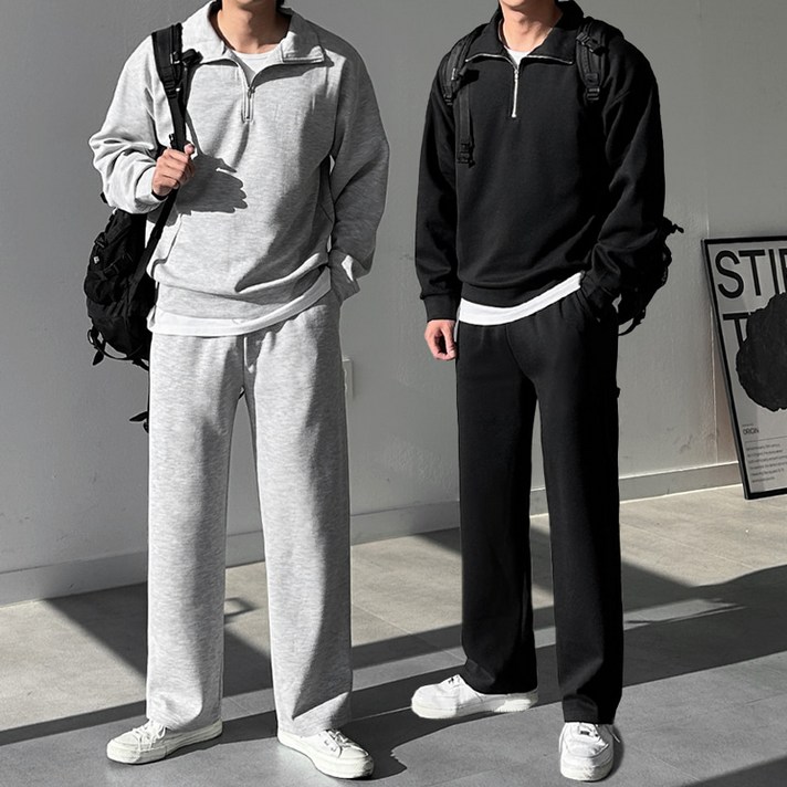 프리미엄 고급 남자 남성 반집업 맨투맨 세미와이드 트레이닝 바지 팬츠 츄리닝 셋업 상하의 세트