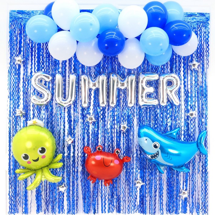 파티짱 여름 SUMMER 풍선 세트 파티 이벤트, 1개, SUMMER 여름 클라우드 풍선 커튼 세트마린블루