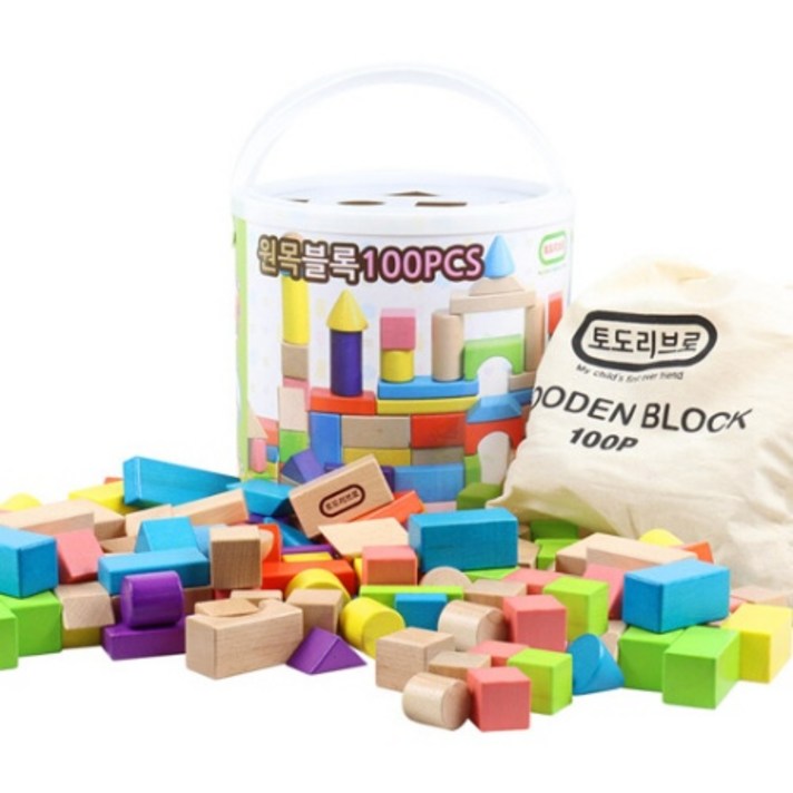 토도리브로 원목 블록 원통보관 100p + 에코백, 혼합 색상