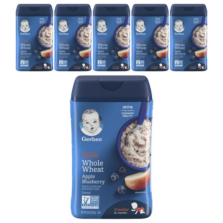 거버 릴 비츠 홀 위트 시리얼 분말 어린이 식품 227g, 6개, 사과 + 블루베리(Apple Blueberry)