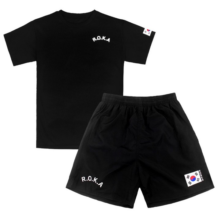 SET 쿨링 로카 반팔티 검정 1P  태극기 로카 반바지 검정 1P ROKA 쿨티셔츠 등산 헬스 반티 운동회