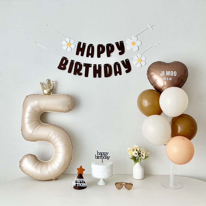 연지마켓 데이지 생일 가랜드 파티 용품 세트 숫자 풍선 레터링포함, 1세트, 브라운가랜드 숫자 5