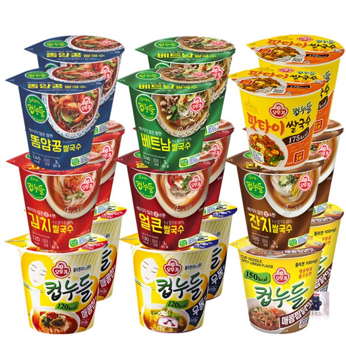 오뚜기 컵누들 9종 18개 (매콤찜닭2+베트남2+똠얌꿍2+팟타이2+얼큰쌀국수2+잔치쌀국수2+김치쌀국수2+컵누들매콤2+컵누들우동2)+블루존물티슈, 1세트