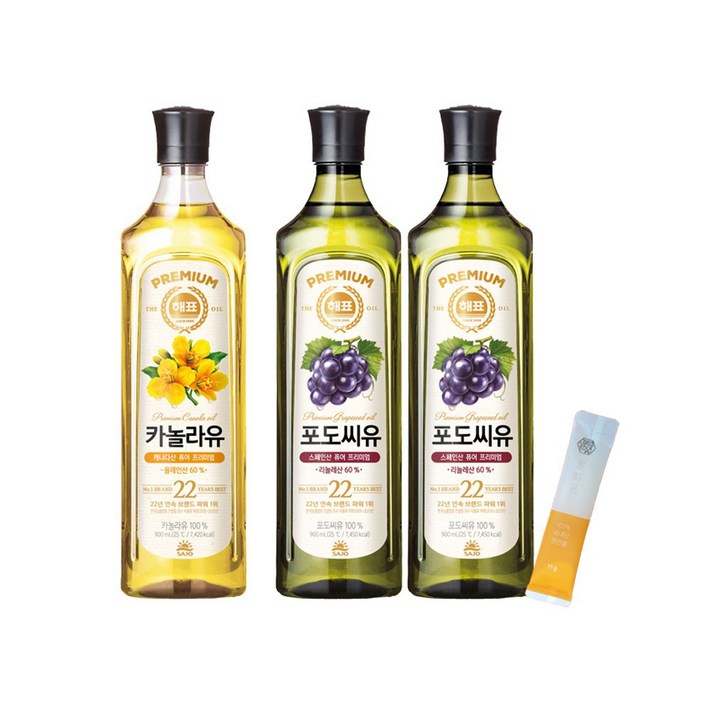 해표 포도씨유 900ml 2개 + 카놀라유 900ml 1개 + 꿀따옴 꿀스틱 1개, 해표 포도씨유 2개 + 카놀라유 1개 + 꿀스틱 1개