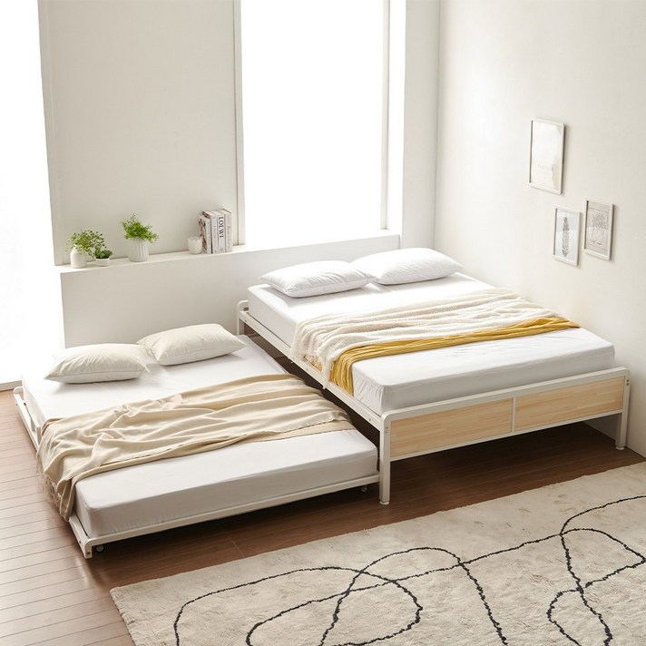 로맨스 무헤드 철제 슬라이딩 2단 공간활용 침대 프레임 본체Q 하단Q, 블랙