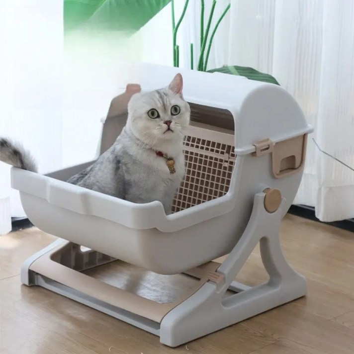 제너텍 고양이 오픈형 자동화장실 대형 비산 방지 고양이화장실 프리미엄 자동처리기 배변, 1개, 베이지