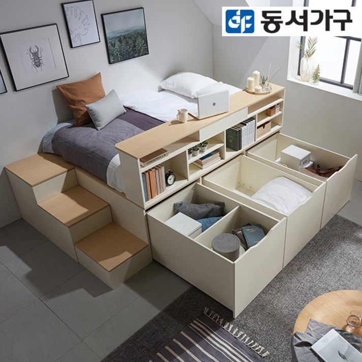 동서가구 슈퍼싱글 멀티 수납 벙커 이층 침대+수납계단+책장+싱글 본넬 매트리스 DF638925, 오크