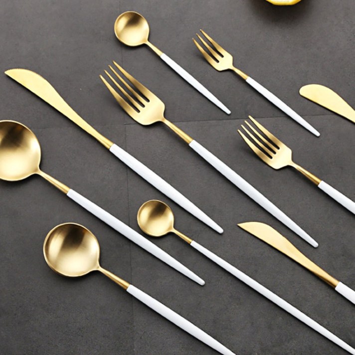 우와한생활 모던 스테인레스 커트러리 숟가락젓가락 예쁜 커트러리 이쁜 커트러리 수저 / 골드 실버 화이트 핑크 블랙, 골드화이트, 디너스푼