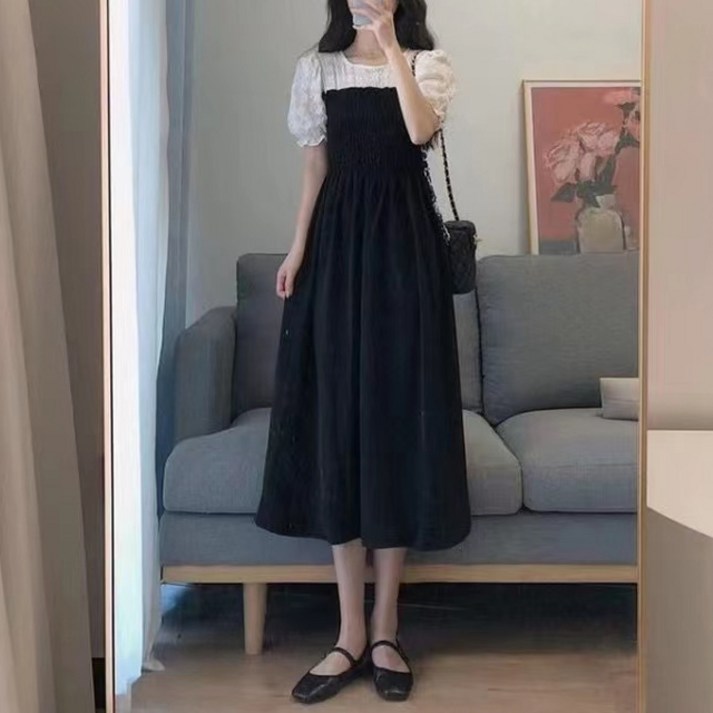 비비에모 밴딩 주름 반팔 플레어 배색 롱 원피스 01101 비비에모 밴딩 주름 반팔 플레어 배색 롱 원피스 01101