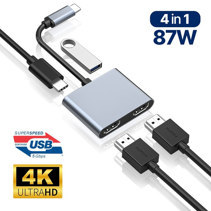 아모란나 4in1 C타입 듀얼모니터 HDMI 멀티 USB 허브 분배기 4K, 혼합색상, 1개 아모란나 4in1 C타입 듀얼모니터 HDMI 멀티 USB 허브 분배기 4K, 혼합색상, 1개