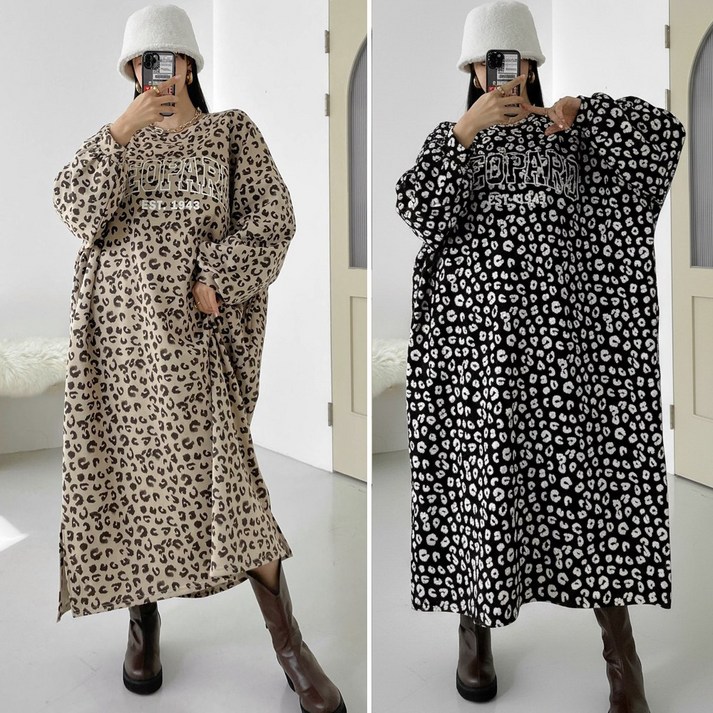 66120 러브포텐 빅사이즈 겨울원피스 레오파드 호피원피스 오버핏 맨투맨 롱 기모 원피스