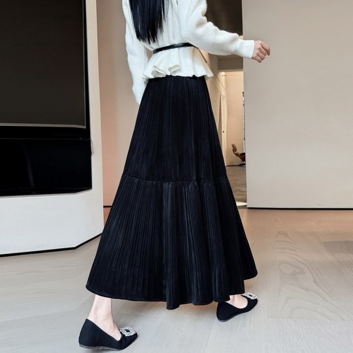 여성 가을 겨울 롱 스커트 빅 사이즈 데일리룩 루즈핏 밴딩 A라인 플리츠 롱 치마