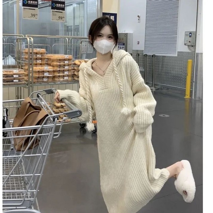 COSYEVNO 추동 여성 롱긴팔 원피스 캐주얼 루즈핏 후드 니트 순색의 치마