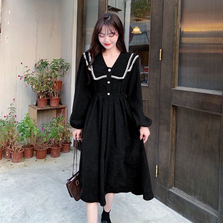 COSYEVNO 코듀로이 원피스 빅사이즈 루즈핏 패션 여성 가을 허리 조임 긴팔 카라넥 롱스커트