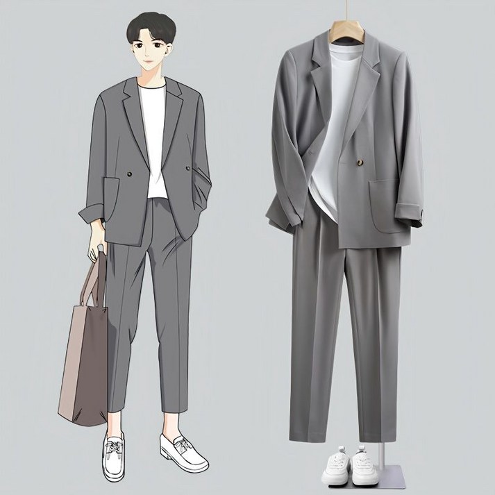 AOUGK 남성 캐주얼 정장세트 오버핏 면접복 롱 정장 자켓  정장 바지 상하세트 빅사이즈 양복 투피스 데일리