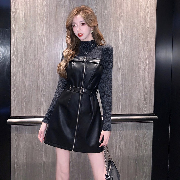 가죽 원피스 미니 나시 끈 PU 레더 뷔스티에