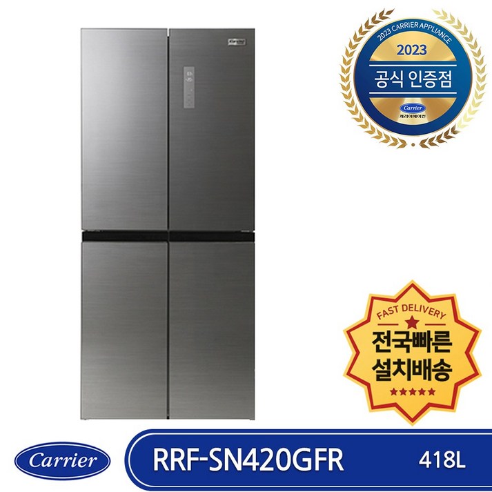 스메그냉장고 캐리어 클라윈드 RRF-SN420GFR 4도어 상냉장 하냉동 418L 인버터 냉장고 살균청정 저소음 전국배송 빠른설치, RRF-SN420GFR