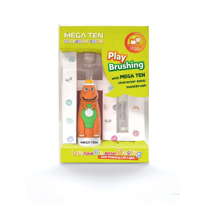 [메가텐 기프트팩] 캐릭터 키즈소닉 공룡 음파전동 칫솔 GIFT 패키지 (본품1+리필1+헤드캡), 1개, 1개입