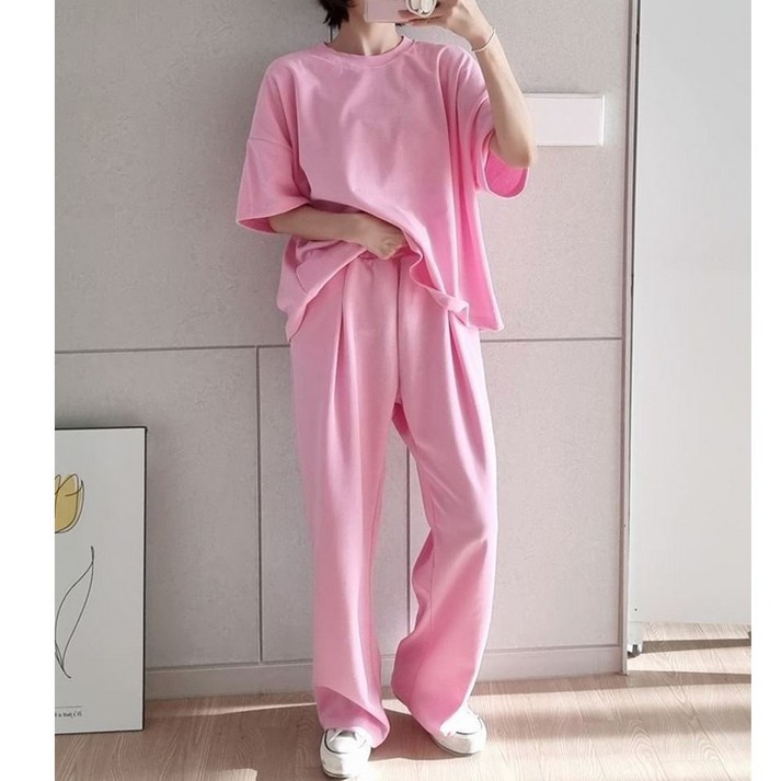 p503 베이직 트레이닝세트 빅사이즈 루즈핏 반팔티 밴딩 핀턱와이드팬츠 쭈리 셋업