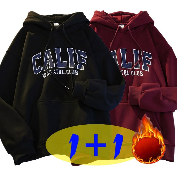 1+1 남자 가을 겨울 빅사이즈 레터링 긴팔티셔츠 캐주얼 커플 루즈핏 기모 후드 맨투맨