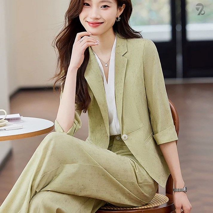708090 여름 여성 그레이 7부팔 정장 자켓 캐주얼 와이드 팬츠 투피스 세트