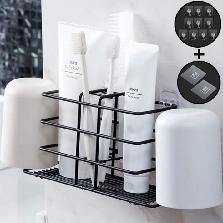 블루카이 무타공 접착식 칫솔 치약 걸이 거치대  벽걸이 후크 10개  벽걸이 고정대 2개 사은품 제공 , 1개, 블랙