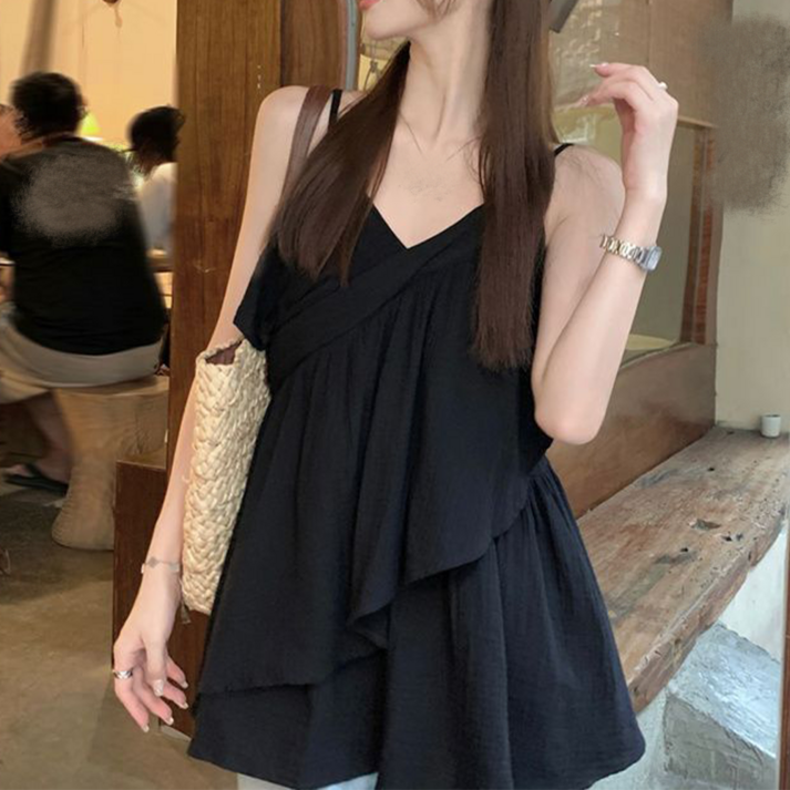 Zurora 민소매 티셔츠 여름 여성용 루즈핏 끈나시 무지 셔링 러플 고급 빅사이즈 여성나시티 B66