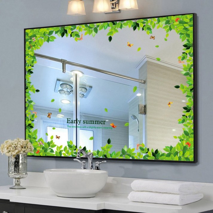 인테리어 거울 벽걸이 원형 스티커 장식 작은 패턴 레이스 모서리 부착 테두리 유리 미러 벽거울 화장실 욕실, A
