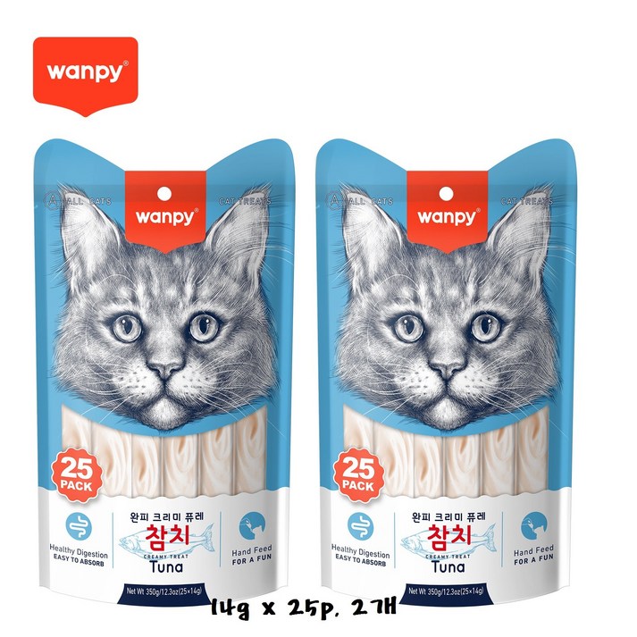 완피 크리미 퓨레 14g x 25p x 2봉, 짜먹는 고양이 츄르 간식, 14g 50개, 참치, 350g, 2팩