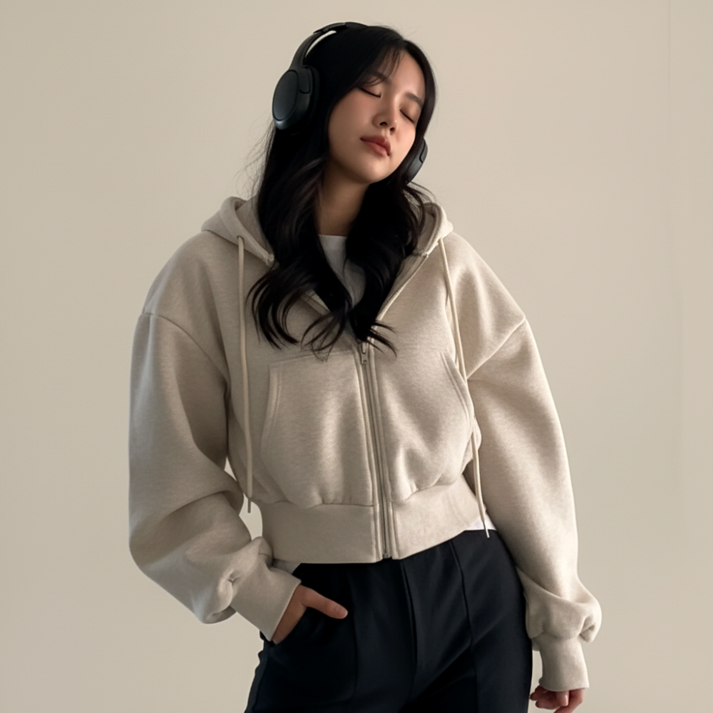 쁘띠엘라 후드 집업 세미 크롭 기모 가디건