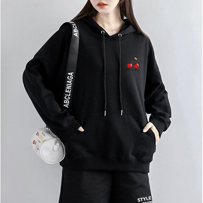 스타일아유 여성 310g면혼방 편한 후드티 체리 프린트 심플 자체제작 맨투맨 티셔츠 TS2163