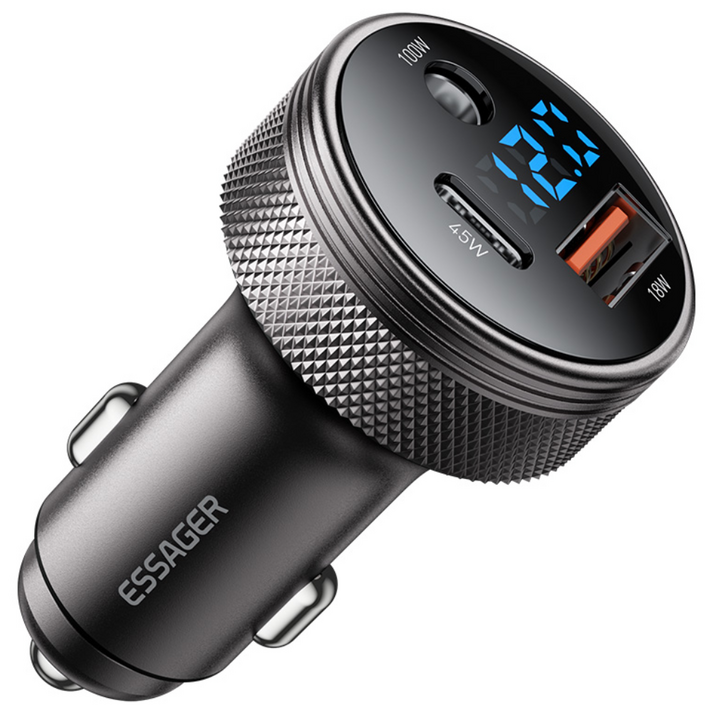 Essager DC 12V 100W USB A+C포트 3포트 차량용 시거잭 자동차 초고속 충전기, 회색, DC+C+A포트