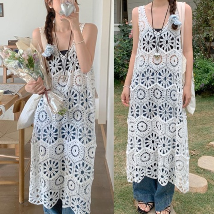 루비루 RB3042 신축성 짱 뜨개 레이스 + 나시 셋트  펀칭 레이어드 롱 뷔스티에 니트 원피스