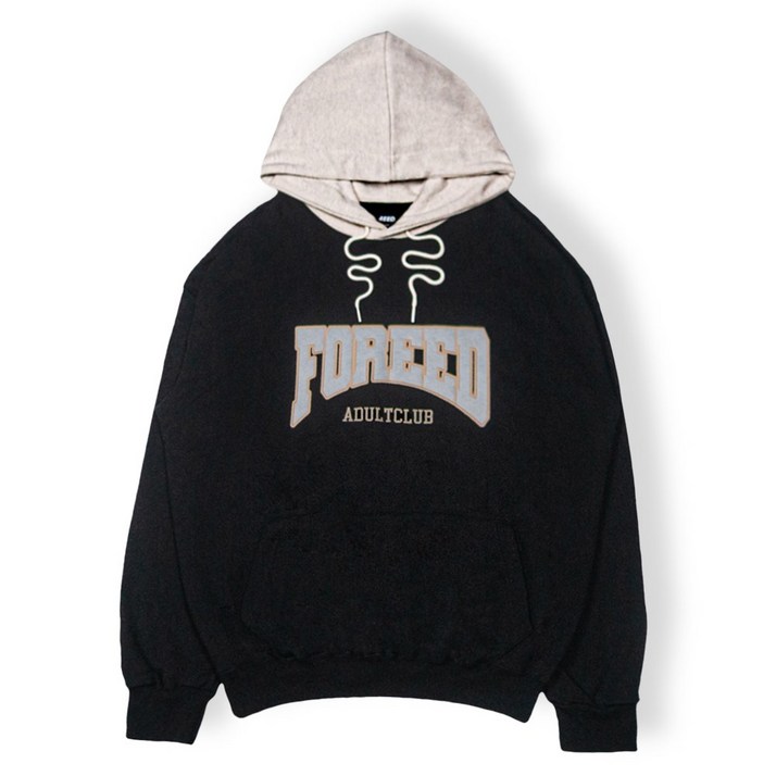 포에드 오버핏 어덜트 클럽 배색 후드 - 블랙 스웻셔츠 후드티