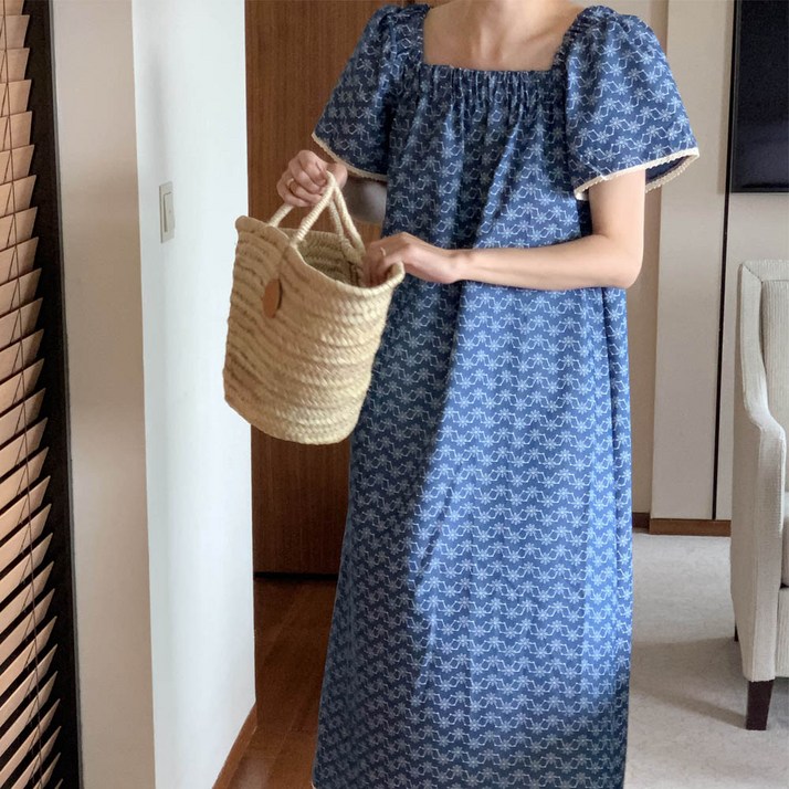 무료배송케이시 스퀘어넥 프릴 소매 여름 루즈핏 오버핏 코튼 반팔 데님 롱 원피스