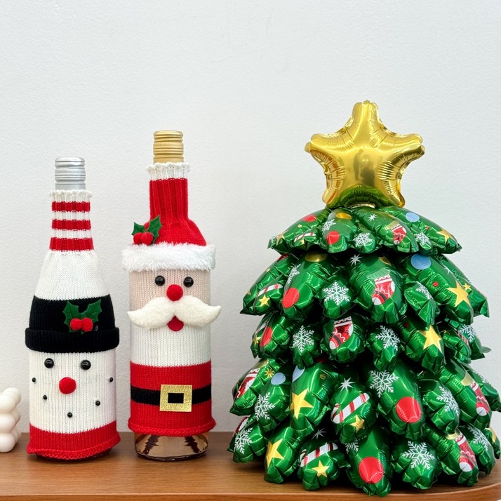 쏙쏙마켓 크리스마스 미니트리 은박풍선 와인병 커버 장식 세트, 1세트, 미니트리+산타+눈사람